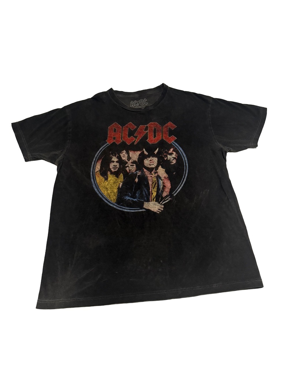 AC/DC Vintage Washed Black Tee with Red Logo and Multicolor Portrait L